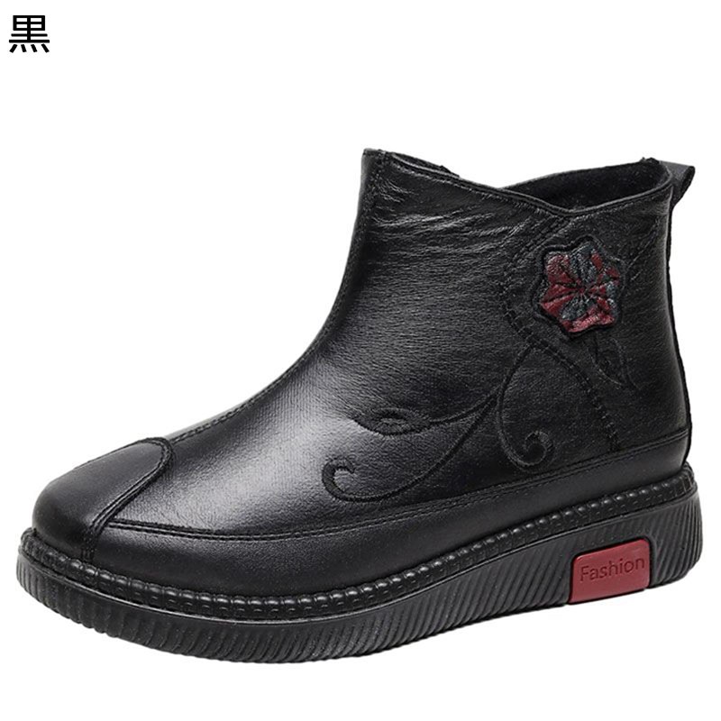 スノーシューズ ショートブーツ レディース 婦人 刺繍 花柄 花 ムートンブーツ 裏ボア サイドジップ もふもふ 保温性 雪対策 中高年 お母さん 綿靴 冬 防寒靴 滑り止め エレガント 50-70代