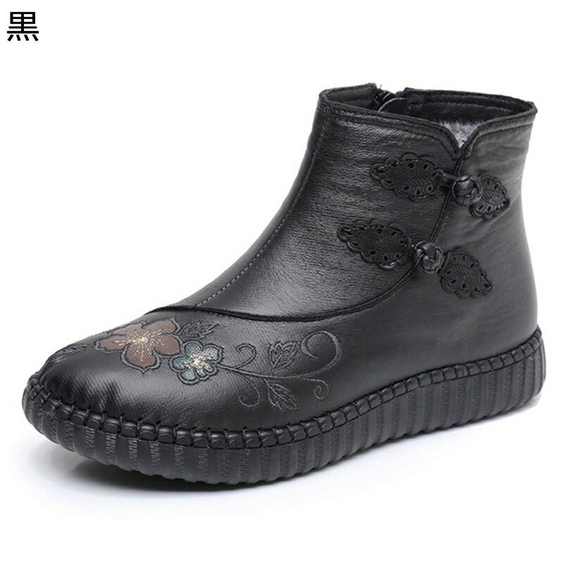 ショートブーツ 花柄 刺繍 レディース 大きいサイズ ママ 厚底 サイドジップ スノーシューズ ムートンブーツ 婦人 冬用 雪靴 防寒靴 厚い 保温 柔らかい 裏起毛 ふわふわ お年寄り 中高年