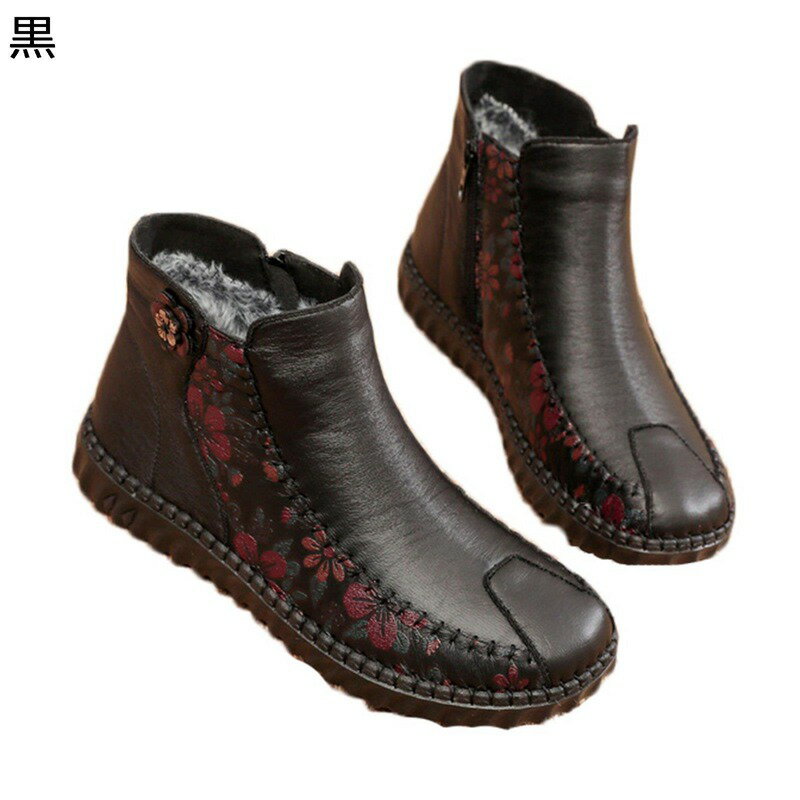 ショートブーツ 花柄 花 花飾り レディース ママ 大きいサイズ スノーシューズ ムートンブーツ サイドジップ 婦人 冬 防寒靴 保温 裏ボア もこもこ お年寄り 中高年 60代 70代 80代 滑り止め