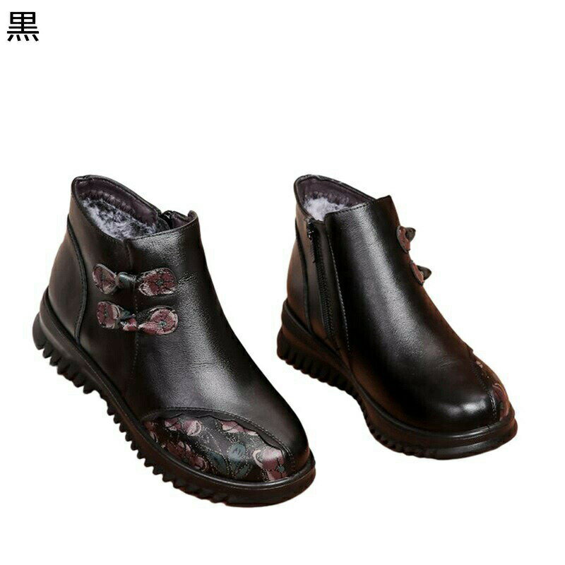 ショートブーツ 本革 ウィンターブーツ レディース レザー チャイナボタン 婦人 花柄 プリント スノーシューズ サイドジップ 裏毛 モコモコ 保温 高齢者 防寒靴 滑り止め 日常 秋 冬