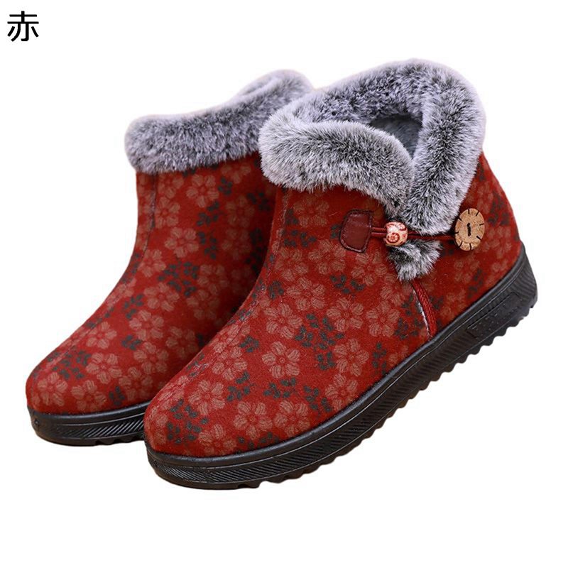 雪靴 防寒靴 レディース ママ 婦人ブーツ 花柄 プリント チャイナボタン ファー付き ショートブーツ スノーシューズ 裏起毛 ふわふわ 高齢者 冬 厚い 保暖保温 柔らかい 老人 50-70代 日常