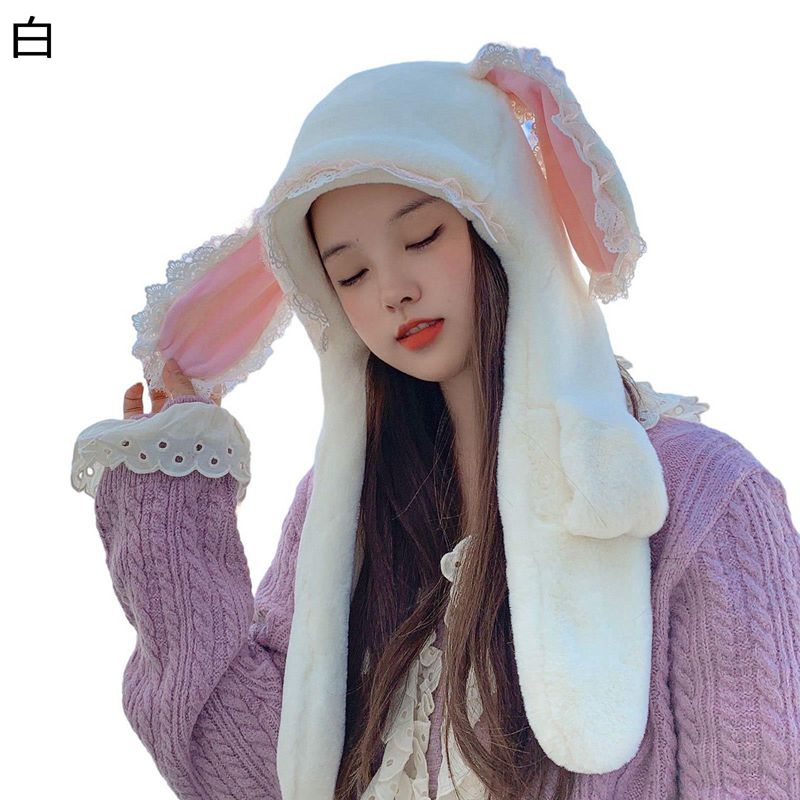 3in1マフラー レディース 女の子 レース飾り うさぎ耳付き Loita 手袋 一体型 かわいい 冬用 防風防寒 ..