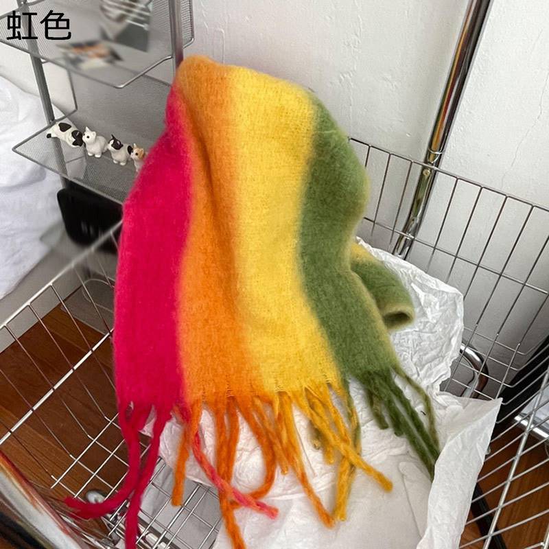 レディース マフラー 大判 厚手 レインボー 太フリンジ カシミヤタッチ ストール ユニセックス ふわふ..