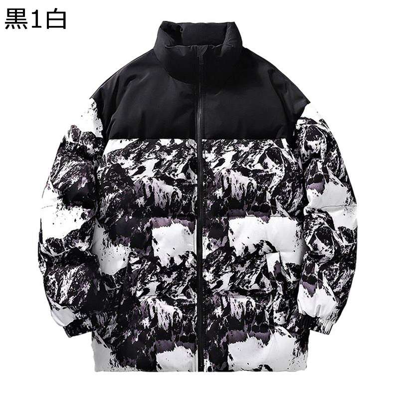 ダウンジャケット ダウンコート メンズ 冬 雪山柄 プリント 立ち襟 スタンドカラー 中綿 厚手 防寒 コート ストリート カッコイイ ジャケット 大きい 撥水 男女兼用 カジュアル 通勤 秋冬服