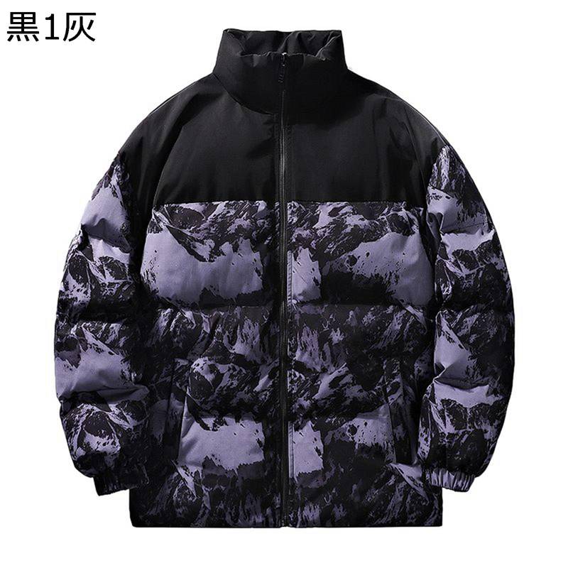 ダウンジャケット ダウンコート メンズ 冬 雪山柄 プリント 立ち襟 スタンドカラー 中綿 厚手 防寒 コート ストリート カッコイイ ジャケット 大きい 撥水 男女兼用 カジュアル 通勤 秋冬服