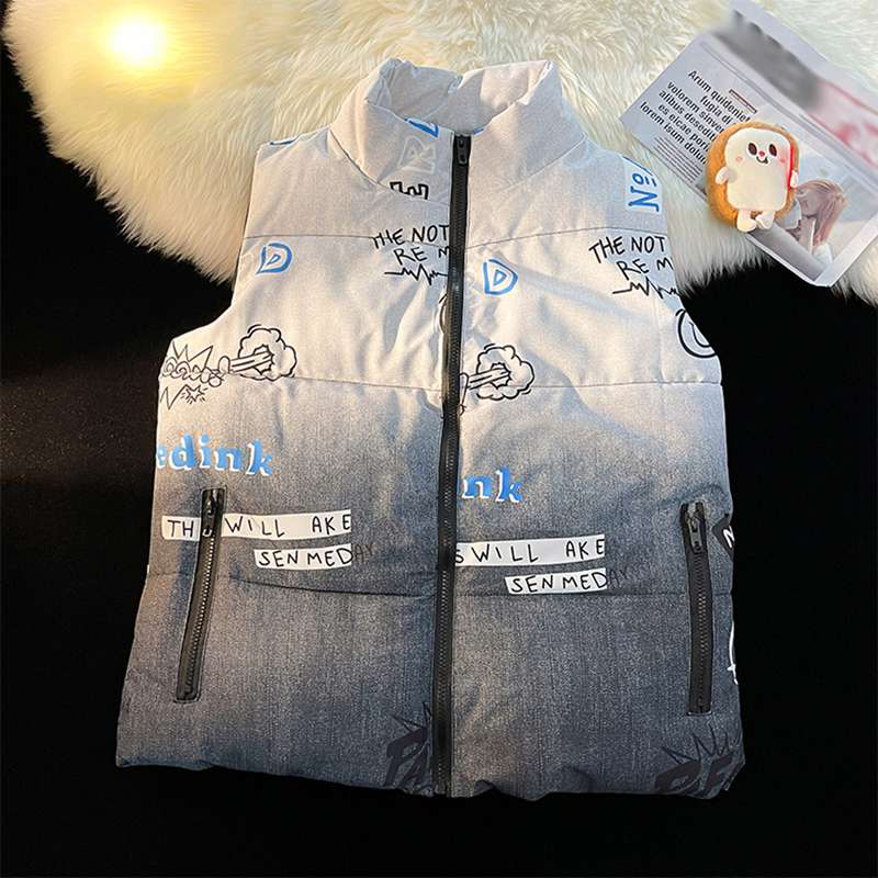 アウターベスト メンズ 落書き グラデーション 大きいサイズ ジッパーポケット ジップアップ 立ち襟 綿入れベスト チョッキ 冬用 暖か 保温保暖 無袖ジャケット コート 流行り ファッション