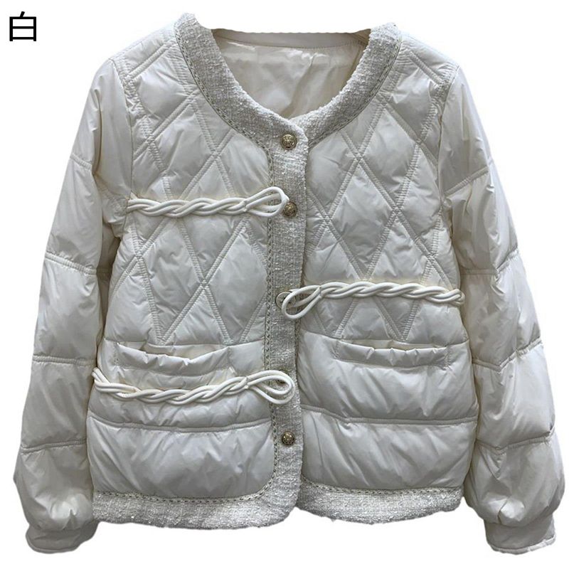 ダウンジャケット レディース 丸首 ケーブル編み ショート 真珠 パール ボタン付き ジャケット アーガ..