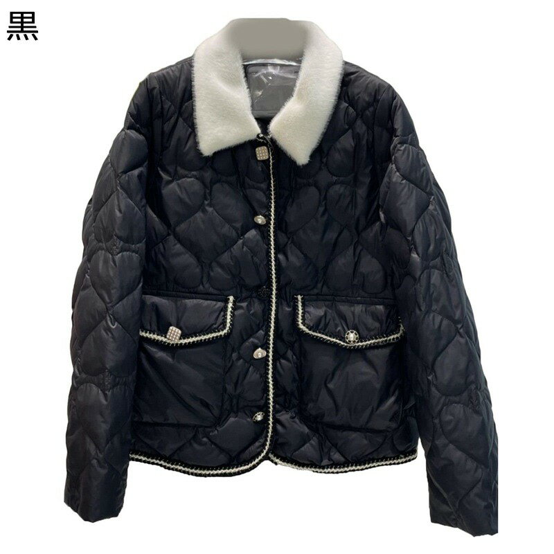 アヒル羽毛 ダウンジャケット レディース ショート ハート 折り襟 金属 ボタン付き パール 真珠 長袖 ..