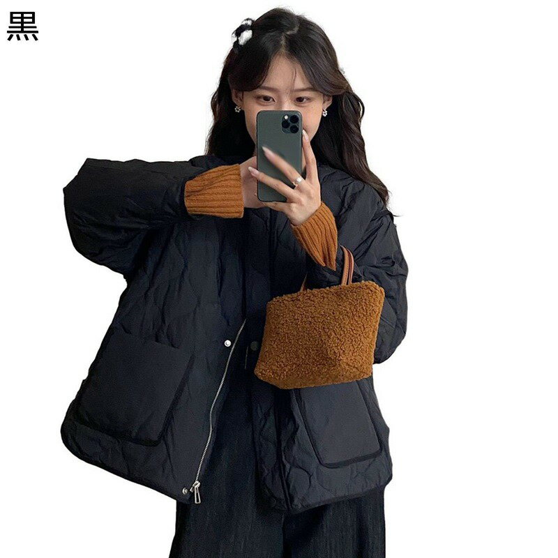 ノーカラー レディース ダウンジャケット キルティング ポケット付き ボタン付き アーガイル柄 丸首 アヒル羽毛 ダウン入れ 長袖 暖かい 軽量 防水 女性 日...