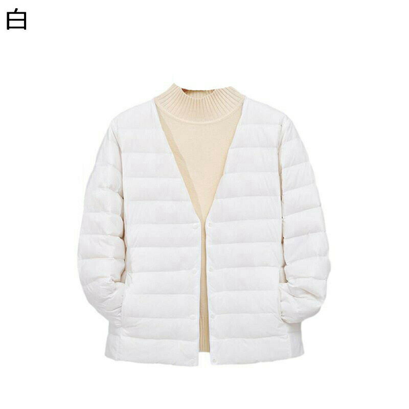 ノーカラー ダウンジャケット レディース アヒル羽毛 Vネック 大きいサイズ ボタン付き インナージャケット 長袖 冬服 トップス 快適 厚い 保温 外出 着痩せ 女性用 オシャレ シンプル 日常(4.0)