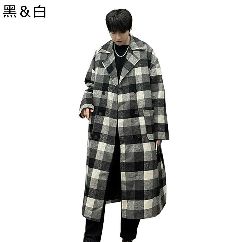 チェックコート メンズ アウター コート ラシャコート ステンカラーコート ビックシルエット ゆったり スタイリッシュ 膝下 長袖 男性用 韓国風 オシャレ カッコイイ 旅行 通学 パーティ