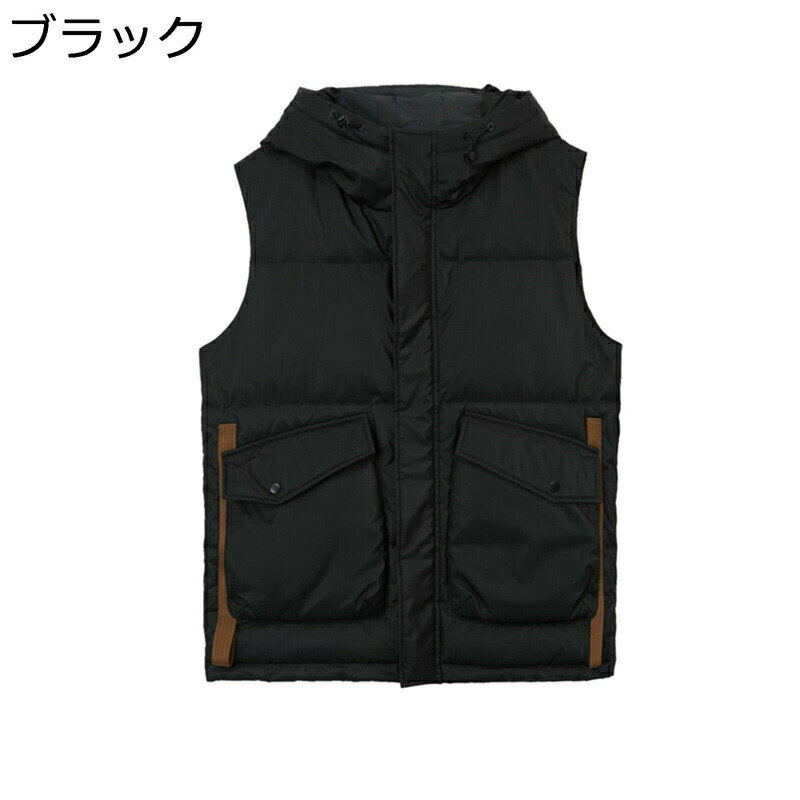 メンズ ダウンベスト 無袖 ワークべスト ファスナー付き フード付き 重ね着 ラージポケット 秋冬用 ダウンコート ライト 防寒対策 撥水加工 トップス ダウンジャケット 男性 オフィス 野外 戸外