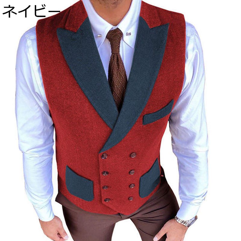 スーツベスト メンズ ダブルブレスト ビジネス 結婚式 チョッキ ジレベスト Vネック 前開き 胸ポケット スリム フィット フォーマル 紳士 礼服 大きいサイズ カジュアル オールシーズン