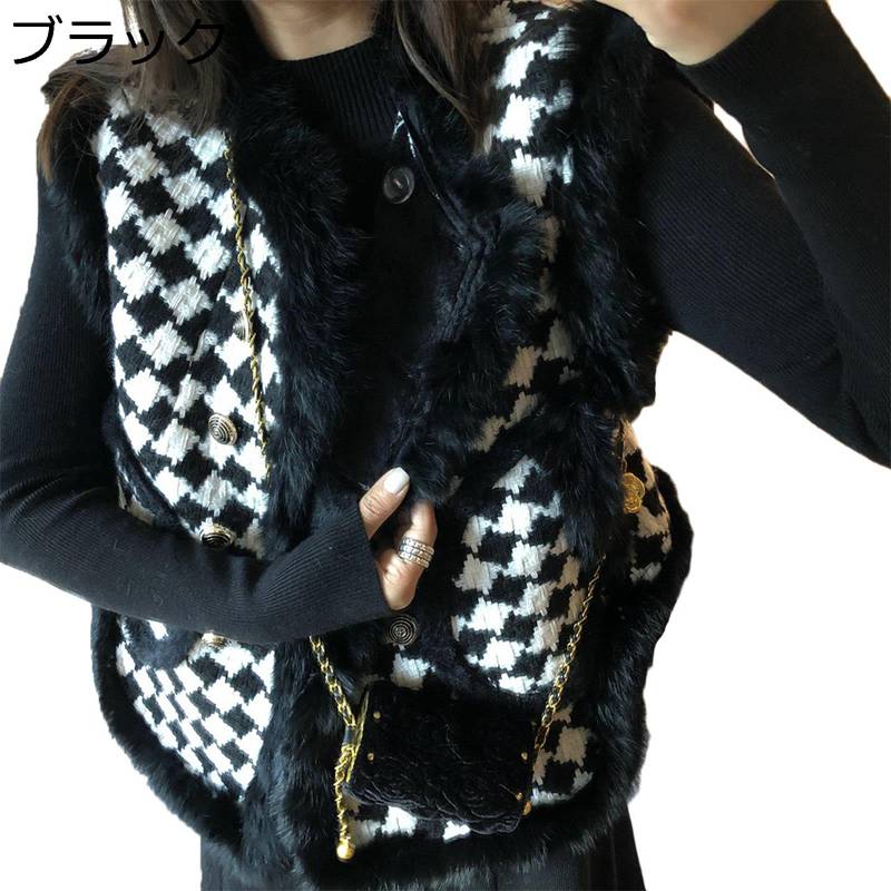 ファーベスト チェック柄 レディース 毛皮ベスト チョッキ 袖なし ハイネック 立ち襟 ポケット ノースリーブ モコモコ 起毛 カジュアル..