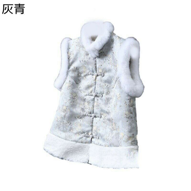 ファーベスト ボアベスト 兎毛皮 中華風 チャイナボタン 灰青 刺繍 小花柄 レディース 毛皮ベスト ハイネック 立ち襟 チョッキ 重ね着 冬着 秋服 ノースリープ ボア あったか かわいい カジュアル S-2XL