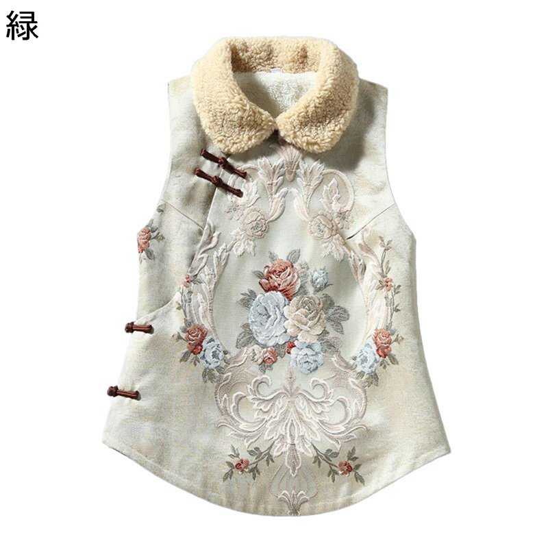 レディース ボアベスト シルク調 中華風 牡丹 お花刺繍 斜め襟 チャイナボタン ヴィンテージ 可愛い 袖無しジャケット 無袖コート 毛皮 チョッキ もふもふ モコモコ アウター 暖かい 防寒ウェア