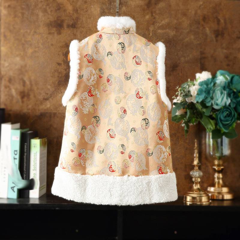 ボアベスト レディース 毛皮ベスト 中華風 シルク調兎毛皮襟 兎柄刺繍 ハイネック 総柄 パールボタン 秋冬 袖なし チョッキ コート カジュアル 着痩せ オリジナル 防寒ウェア
