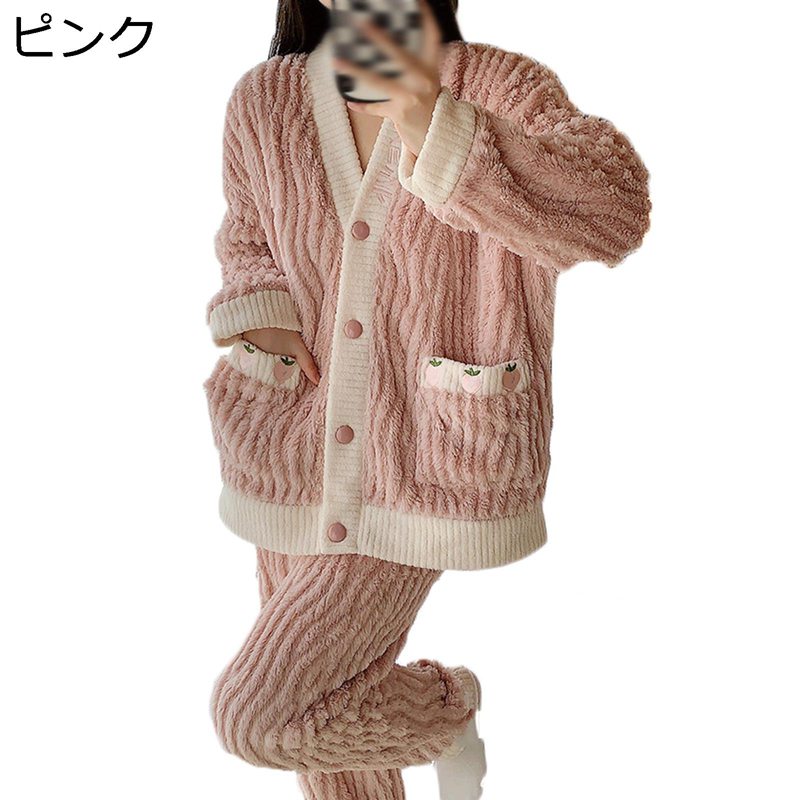 フランネルパジャマ レディース ルームウェア 寝間着 上下set 防寒着 暖か いちご柄 もこもこ 寝巻き 厚手 ふわふわ ソフト ゆったり 秋 冬 ぱじゃま ナイトウェア 女の子 便利服 ギフト