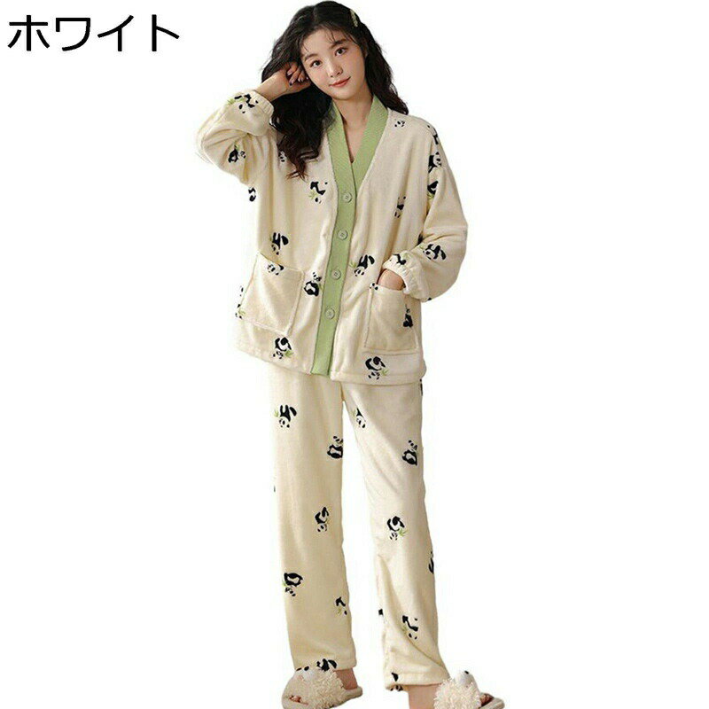 和風 パジャマ パンダ柄 秋冬向き レディース vネック 寝巻き アニマル 莓 イチゴ ポケット付き ルームウェア 上下セット フランネル 起毛 保温防寒 暖か かわいい カジュアル 上品 女性用