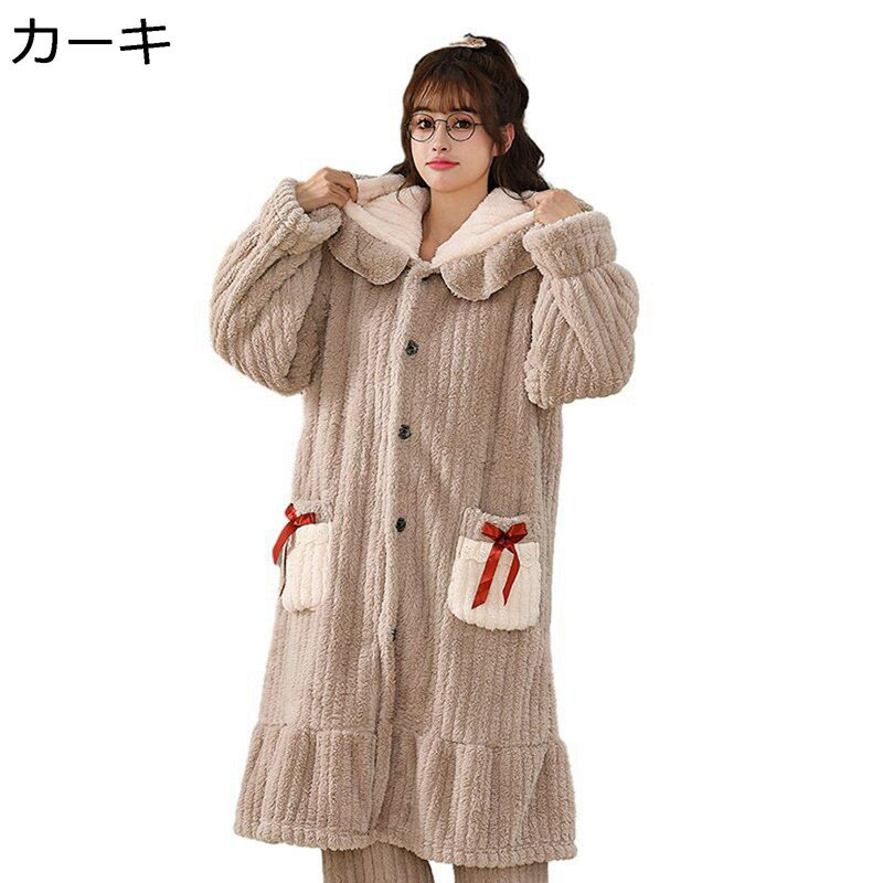 着る毛布 ナイトガウン リボン フリル 上下セット ワンピース ロングスリーブ ロングパンツ パジャマ 長袖 秋冬服 寝巻き フード付き ナイトウェア かわいい 韓国風 発熱 便利服 日常 室内服