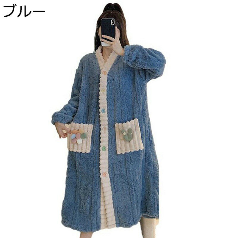 パジャマ M-5xl ワンピース vネック 花柄 切り替え ルームウェア 長袖 秋 冬 前開き もふもふ ネグリジェ ポケット付き お風呂上がり ロング フランネル 快適 カジュアル 暖か 母の日 普段用