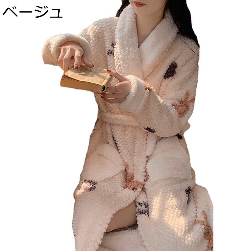 バスローブ ナイトガウン プリント 可愛い フランネル 着る毛布 お風呂上がり 長袖 腰ベルト付き 秋冬..