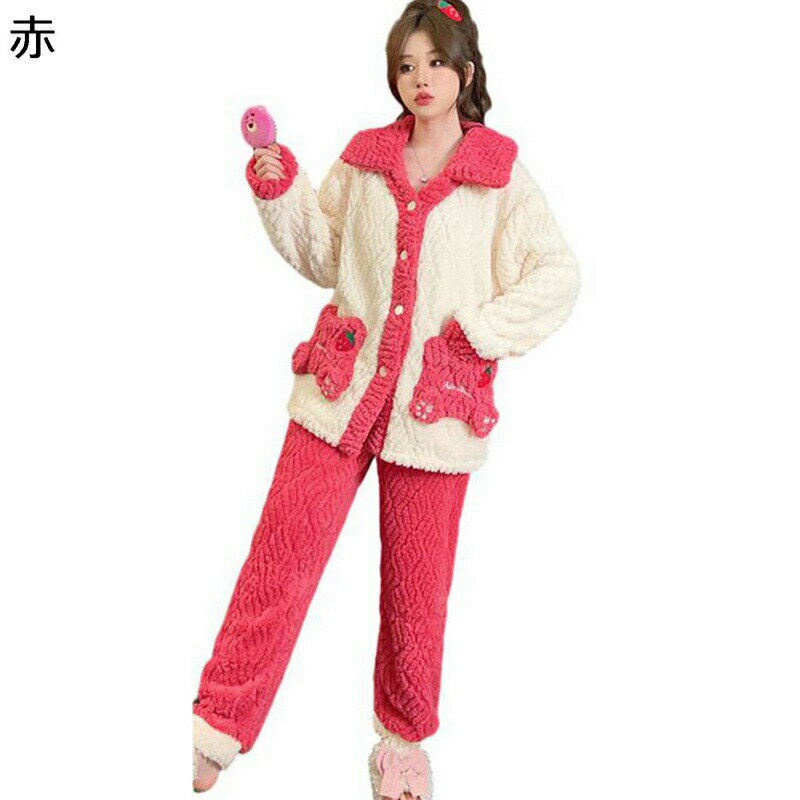 モコモコパジャマ M-5XL いちご 莓 レディース 寝巻き ルームウェア 2点セット 切り替え 前開き 長袖 長ズボン 大きいサイズ フランネル 秋冬向き あったか リラックス お洒落 大人 柔らか部屋着 レッド グリーン