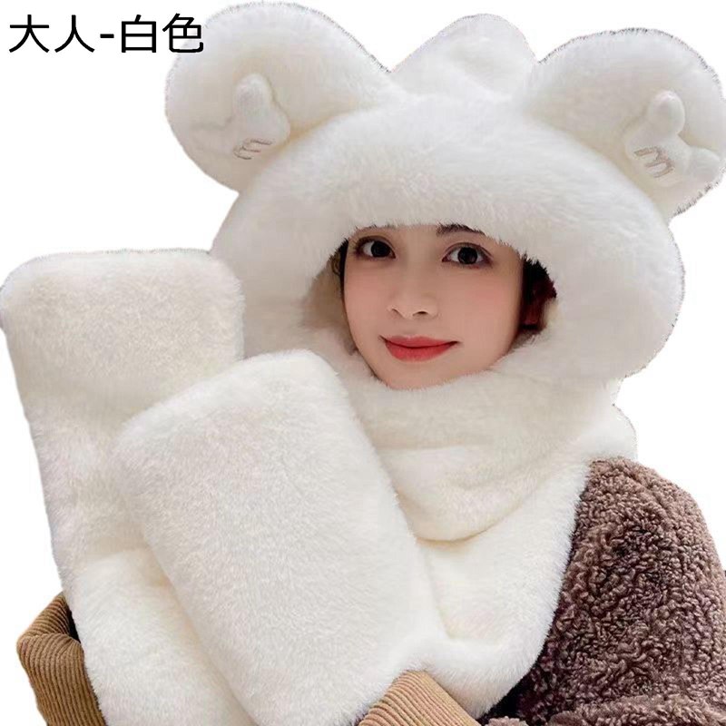 レディース マフラー 手袋 フード付き 3in1 冬用 熊耳付 ふわふわ 防寒対策 あったか 一体型 スカーフ ..