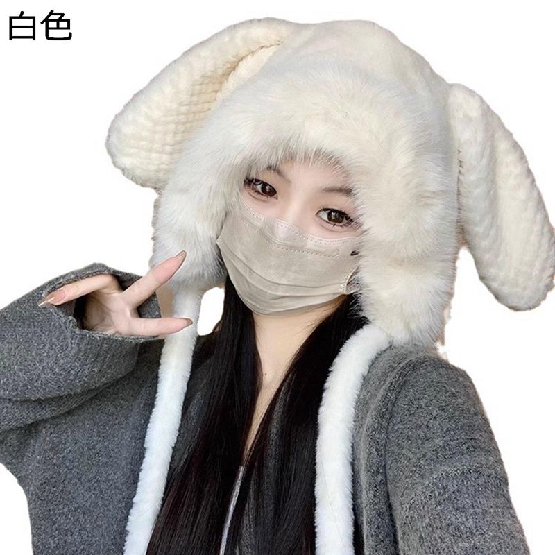 ウサギ長耳付き マフラー フード付き 2in1 レディース 冬用 ふわふわ 防寒対策 あったか ポンポン付 可..