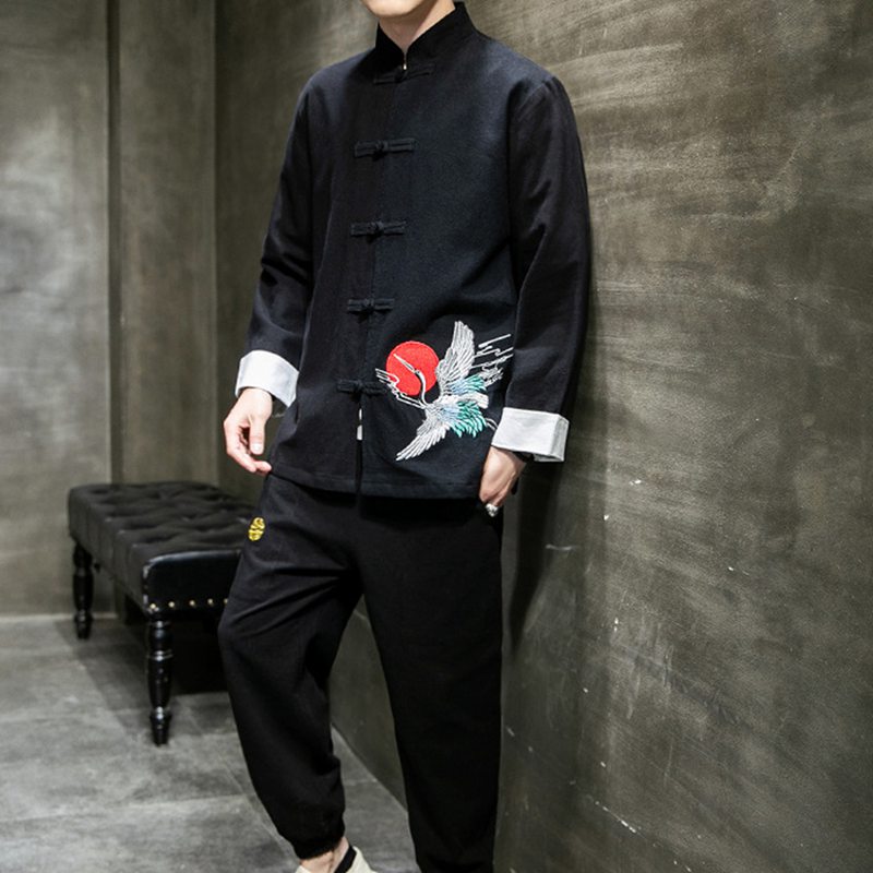 唐装 チャイナ服 メンズ 長袖 鶴柄 プリント 漢服 伝統服 チャイナボタン 上下セット カジュアル 大きいサイズ 武術シャツ チャイナ風 通学 部屋着 トレーニング 通気性 速乾性 吸湿 春秋
