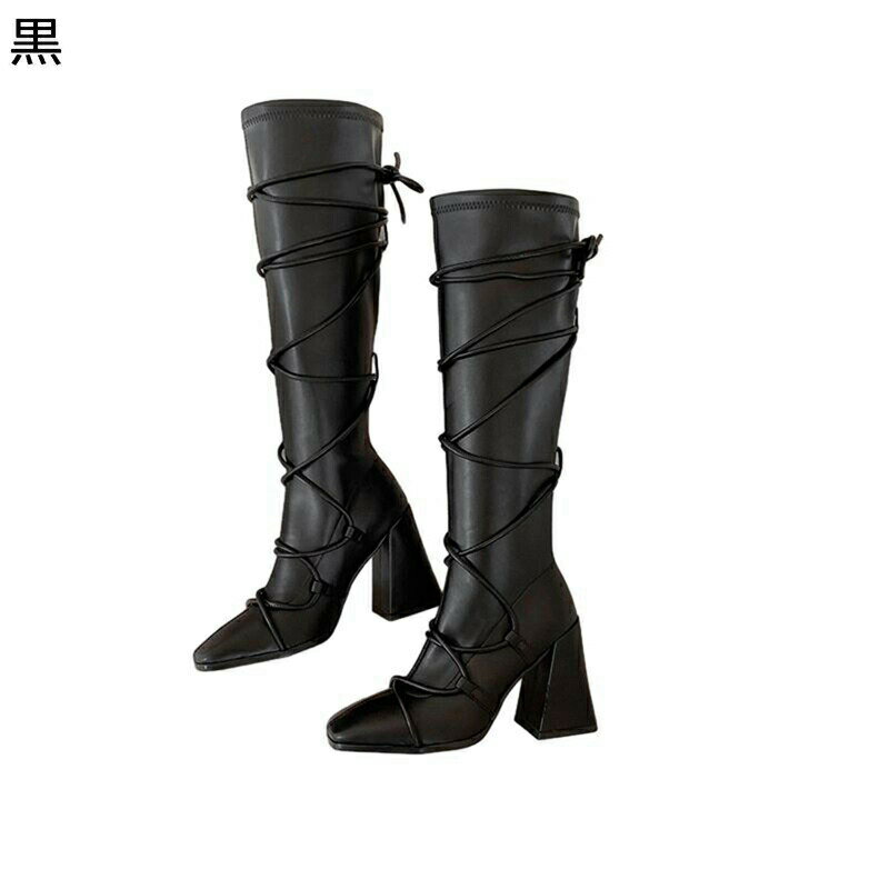 ロングブーツ レディース ハイヒール8.5cm レディースブーツ 膝下丈 スクエアトゥ 粗いかかと フェイクレザー 撥水 秋冬用 通気 クッション性 柔らかい カジュアル キレイめ ファッション