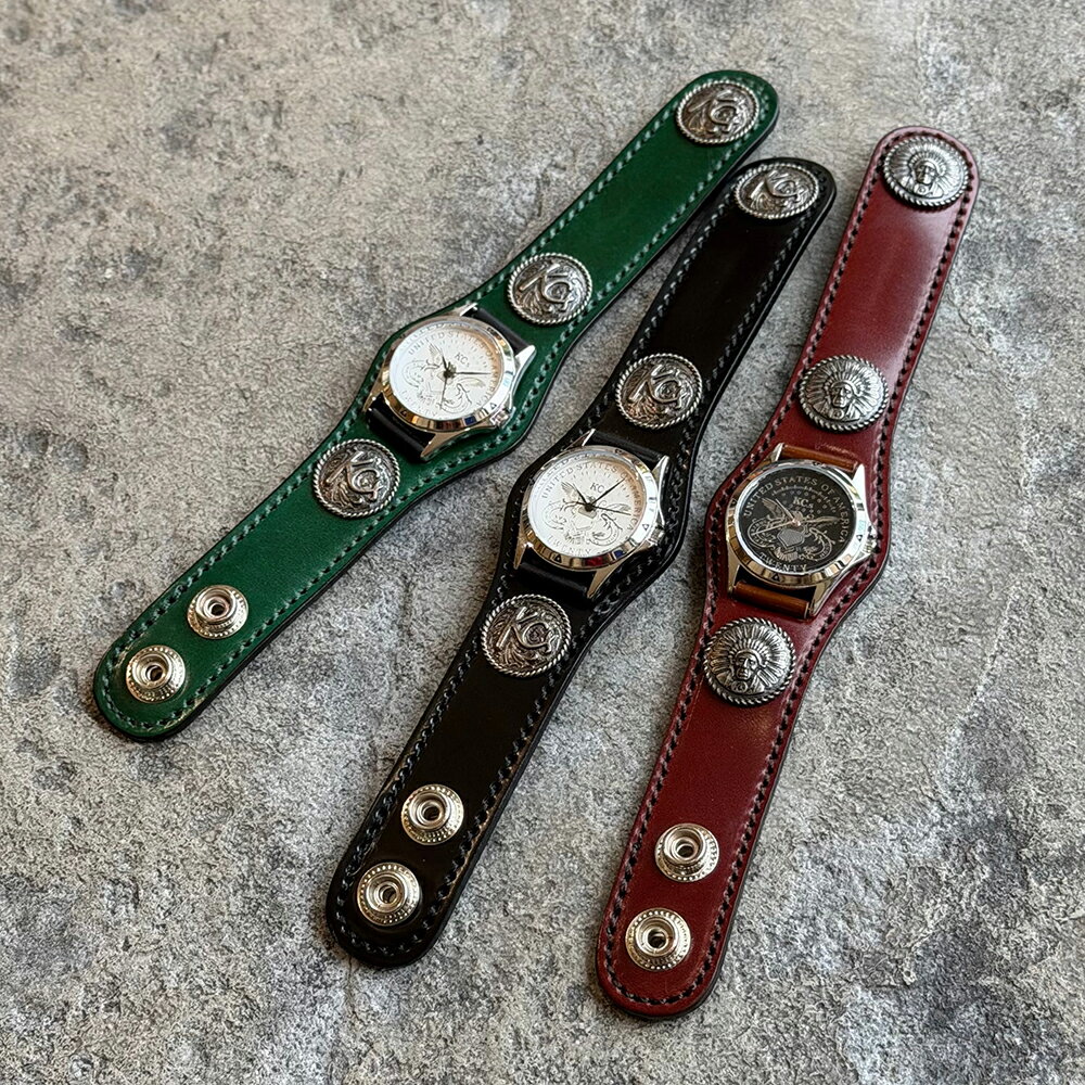 【KC,s 限定商品】腕時計 ウォッチブレス スリーコンチョ コードバン 馬革 メンズ レディース アメカジ バイカー コンチョ ブランド 日本製 プレゼント kcs KC's ケーシーズ ケイシイズ
