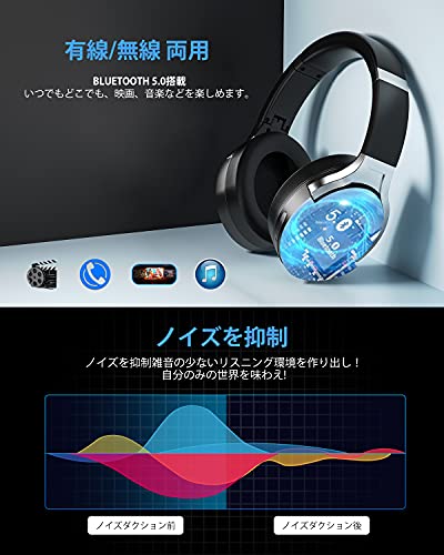 ワイヤレス ヘッドホン Bluetooth 5.0 オーバーイヤーヘッドホン 有線/無線両用 ヘッドセット ブルートゥース 折り畳み式 ヘッドフォン マイク付き ノイズキャンセリング コードレスヘッドホン 収納ポーチ付き 密閉型 TV/スマホ/PCなど対応 男女兼用 プレゼント