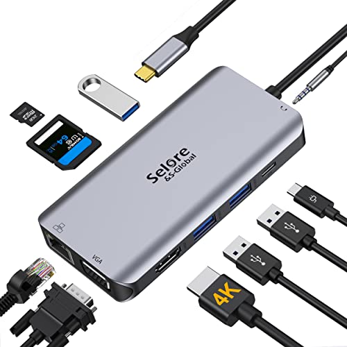 Selore USB C ハブ typec ハブ 10 in 1 ドッキングステーション 4K HDMI映像出力 100W快速充電 1000Mbpsインサーネット接続 USB3.0*3 VGA SD&TFカードスロット 3.5MMイヤホンジャック MacBook Pro/Air Dell XPS HP LenovoなどのType C デバイスに対応