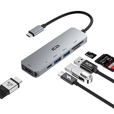 ICZI Mini USB C ハブ Aluminum 6-in-1 4K HDMI PD電力供給 100W USB 3.0 5Gbps SD TF カードリーダー 在宅勤務 テレワーク for MacBook Air M1/Pro、iPad Pro、iPad Air 4、Surface Pro 7/X、XPS、Lavie、DynabookなどのType-C、Thunderboltデバイス