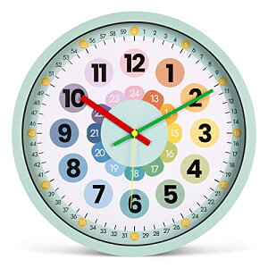 知育時計 時間学習 壁掛け時計 子供用 生徒用 掛け時計 24時間表示 カラフル アナログ 静音 キッズ クロック クロキッズ VIKMARI（花-グリーン）