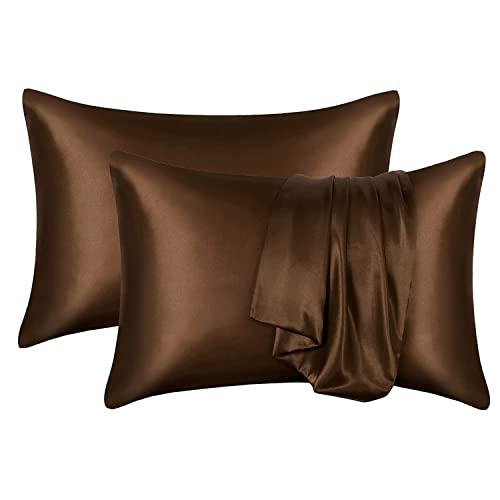 枕カバー 2枚セット サテンの枕カバー 封筒式ピローケース 美肌 美髪 両面シルクタイプ 滑らかな材質 静電気防止 (43*63, ブラウン)