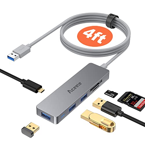Aceele超薄型6合1 USB 3.0ハブ、1.2 m延長ケーブル、Micro USB電源ポート、3*USB 3.0 A、Micro SD/SDスロット5 Gbps超高速で、MacBook Air Mac PRO/Mini、Surface PRO、Dell XPSフラッシュドライブとその他のUSBデバイスに適用します -灰色