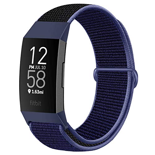 JMIOコンパチブル Fitbit Charge 4 / Fitbit Charge 3 / Charge 3 SEバンドと互換性のあるナイロンループバンド、女性と男性のためのソフトで調整可能な 交換用バンド… (新しいミッドナイトブルー)