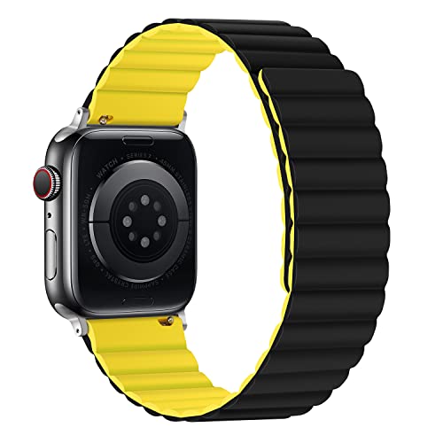 Tasikar シリコン磁気アップルウォッチ バンド コンパチブル Apple Watch バンド 45mm 44mm 42mm 41mm 40mm 38mm シリーズ7 6 5 4 3 2 1 SE 、強力な磁気閉鎖を備えた調整可能なバンド iWatch用 (42mm/44mm/45mm，黄黒）