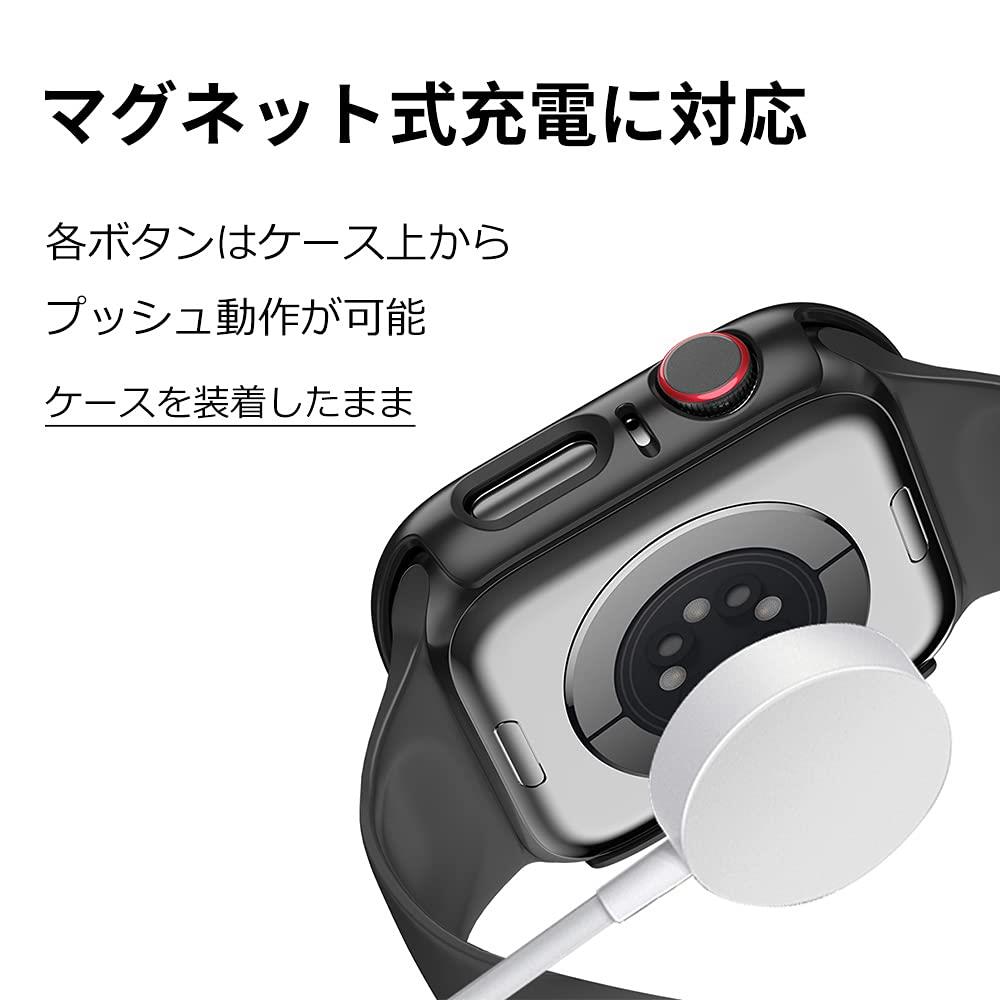 YUGYUG for Apple Watch Series SE2/SE/6/5/4 44mm ケース アップルウォッチSE2/SE/6/5/4 44mm ケース PC素材 アップルウォッチ カバー ガラスフィルム 一体型 日本旭硝子材 二重構造 Apple Watch カバー 全面保護 強化ガラス キズ防止(44mm,ブラック)