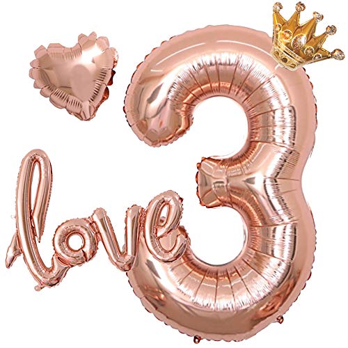 deerzon ローズゴールド 3歳 数字 バルーン パーティー 飾り付け 誕生日 女の子 ハート 風船 (数字「3」)