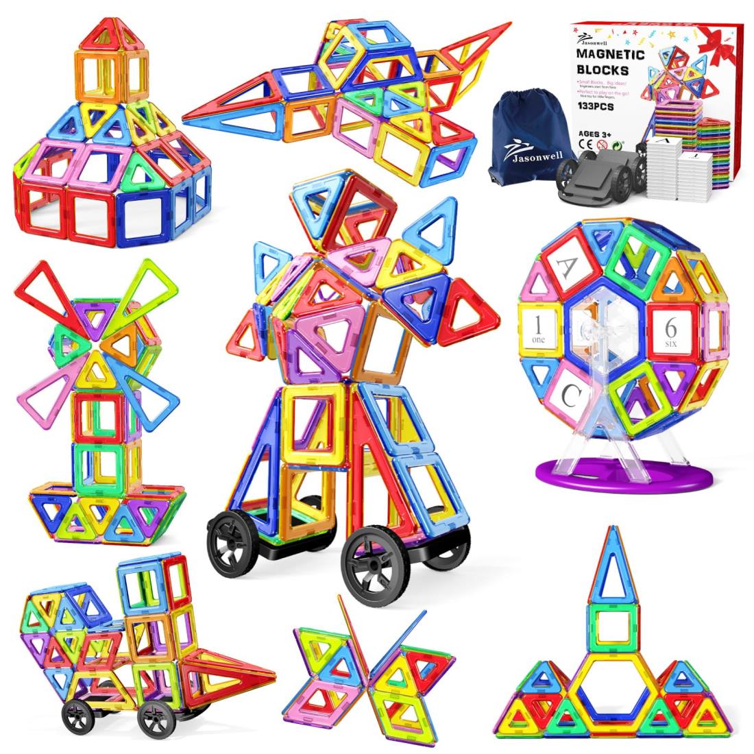 Jasonwell 133pcs マグネットブロック 磁気おもちゃ 子供 知育玩具 幼児 に 女の子 日本語バッケージ 立体パズル ゲーム モデルDIY 積み木 キーズ 誕生日 ギフト クリスマス プレゼント 贈り物【数字カードとアルファベットカードなど含め】 収納ポーチ付き(3)