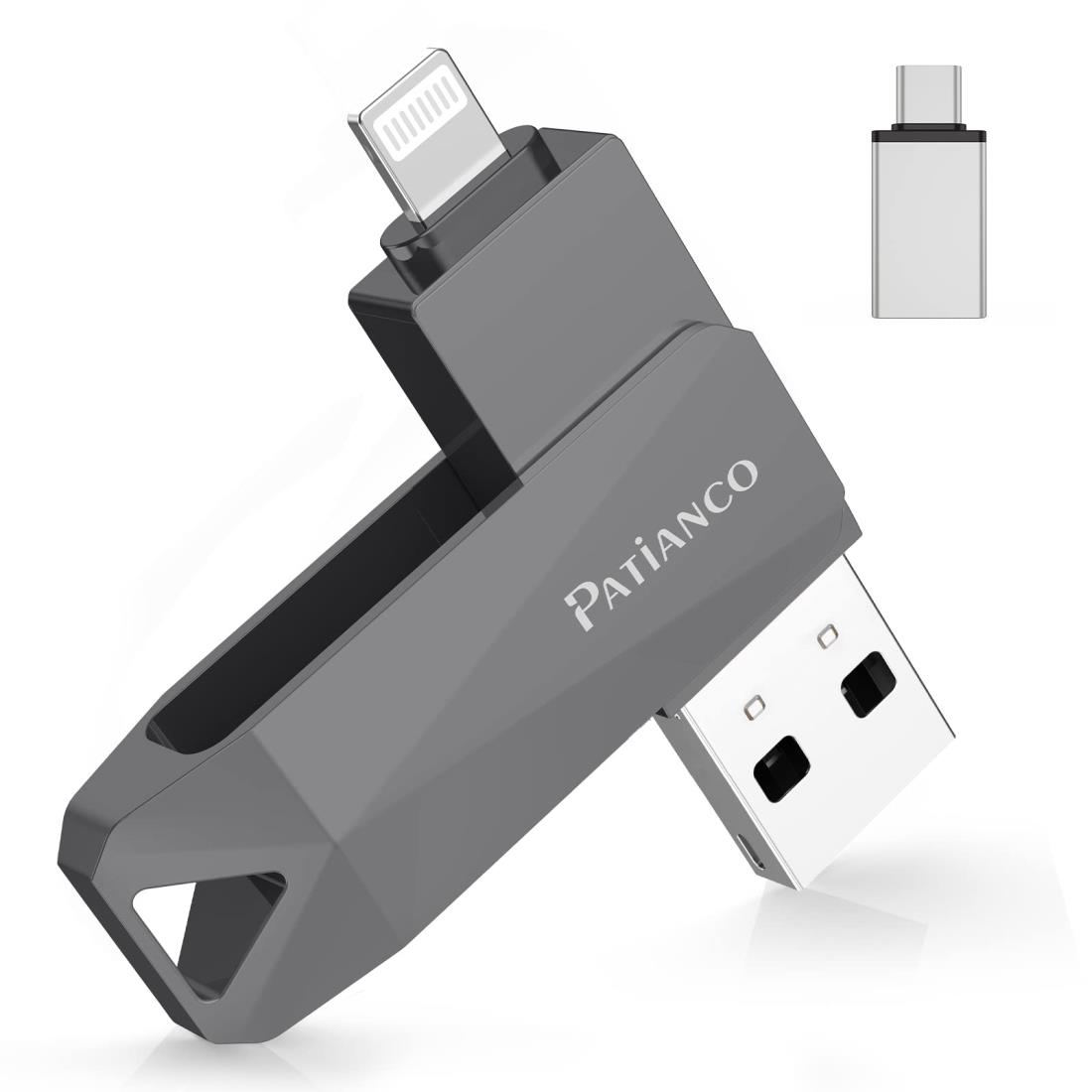 Patianco【MFi認証品 セキュリティ機能付】iPhone用 USBメモリ 128GB 3in1 データ移行 usb lightning/USB/Type-C搭載 高速 スマホ 写真データ バックアップ 大容量 iPhone/iPad/PC/Android/Mac対応 写真・動画保存 スマホ容量不足解消 回転式 iPhone 15/14/13/SE/iPad Air/Pr