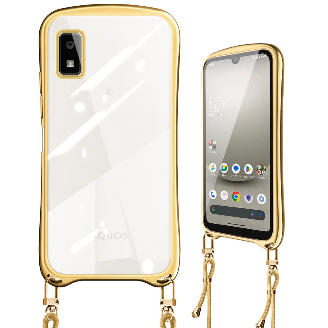 AQUOS wish3 ケース クリア ショルダー wish 3 SH-53D カバー 肩掛け 首掛け 斜めかけ ストラップ付き ネック 紐付き 縄掛け 薄型 軽量 耐衝撃 TPU バンパー シリコン 韓国 可愛い かわいい メッキ加工 アクオス wish3 スマホケース ゴールド