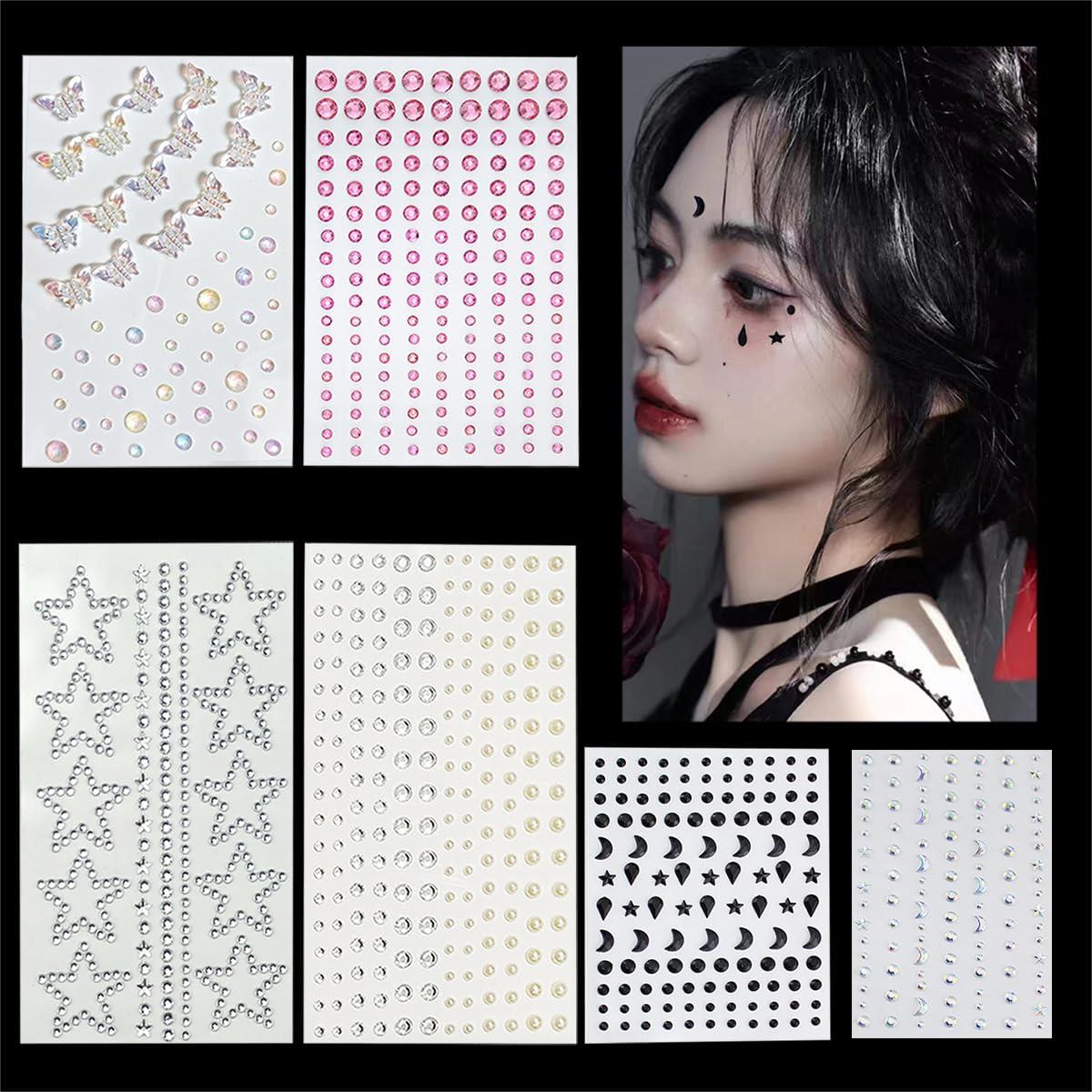 ラインストーン シール 6枚セット フェースステッカー 3D 貼り付け可能 ダイヤモンド デコパーツ キラキラ 顔面デコ 携帯電話装飾 DIY用品 ネイルデコパーツ