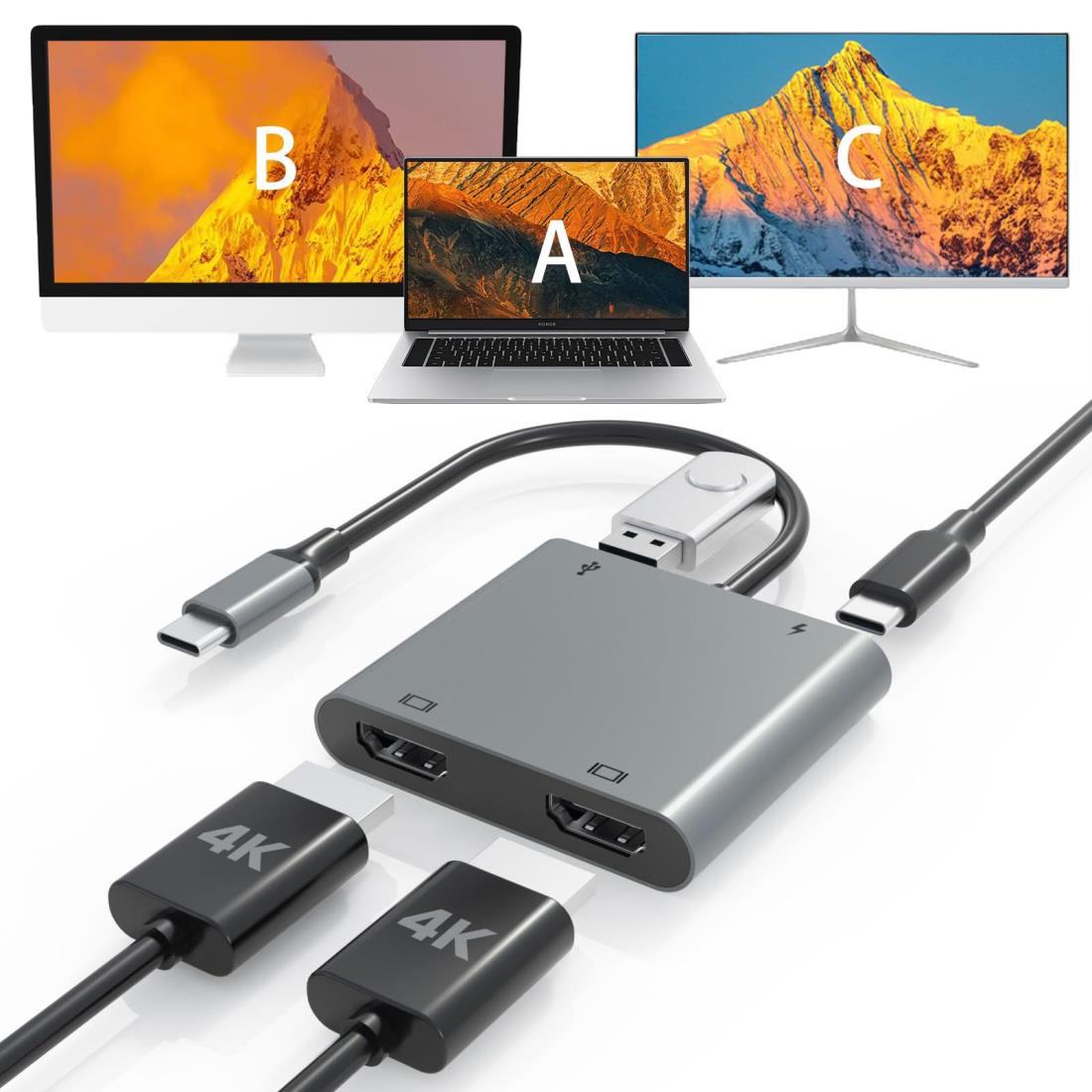 USB C デュアルHDMIアダプター VVG 4in1 Dual hdmi 4K@60Hz対応、100W typeC PD充電、USB-Aポート搭載、Type CデバイスDual 2画面 MST hdmiデュアルモニター 拡張モード マルチディスプレイ3画面出力 （MacOSではMST非対応） (gray)(2)