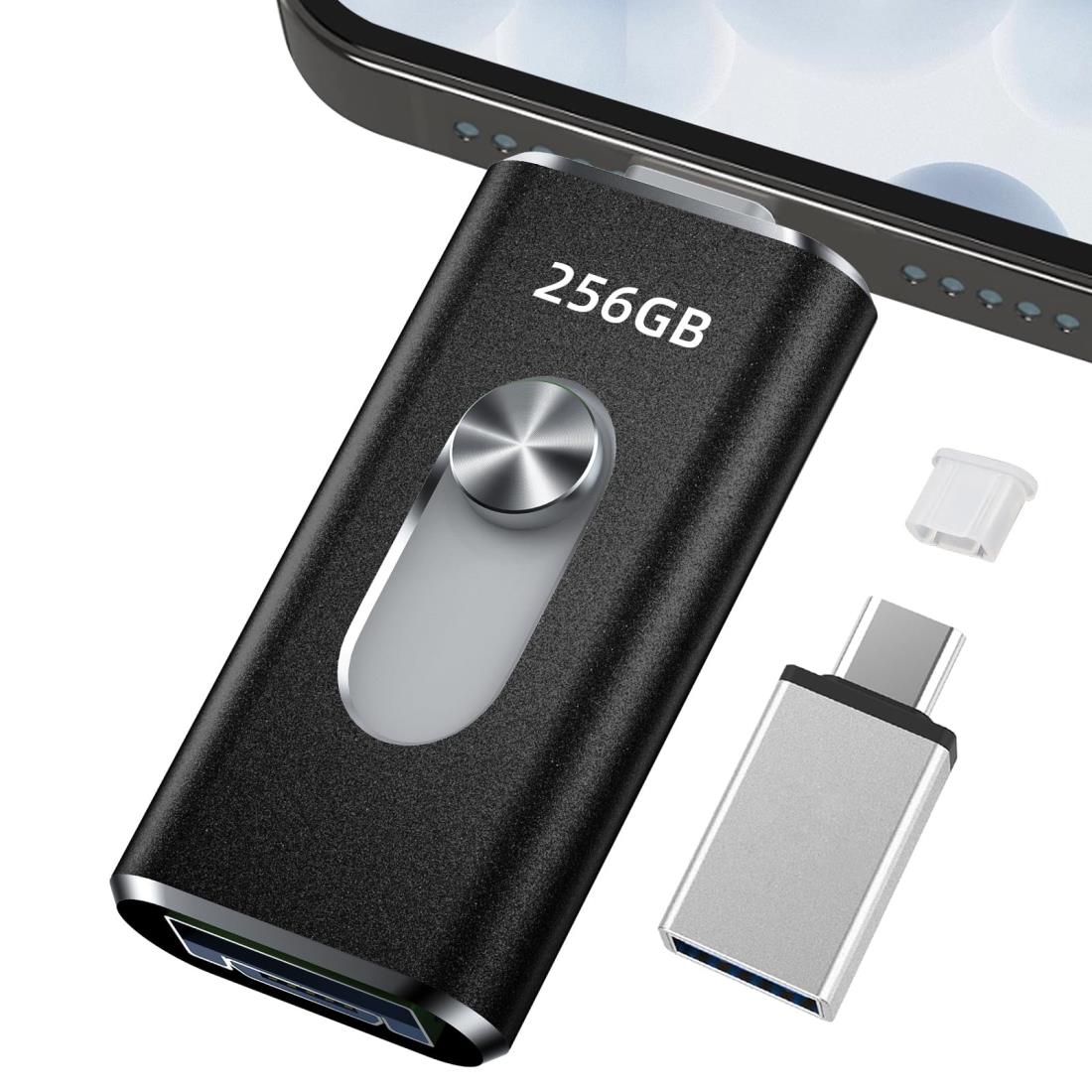 256GB usbメモリ【アプリ不要・アルバムから写真保存】4in1プッシュ型 Phone対応 スマホ携帯 高速 データ保存 バックアップ iOS/Type-C/USB/Micro USBフラッシュメモリ 外付けストレージ スライド式 容量不足解消 usbメモリ！256GB Black