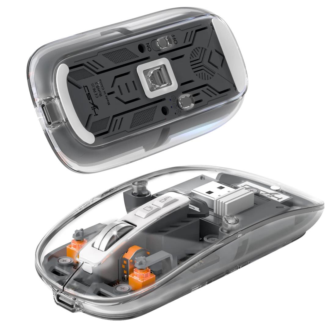 HXSJ T900ゲーミングマウス スケルトンマウス クリア筺体 静音 無線Bluetooth ワイヤレス 2.4G USB接続3モード 小型 軽量 RGB 4段階DPI調整可能 充電式 7ボタン マグネット式 磁気吸着 透明マウス 左右対称 エルゴノミック 人間工学 Windows/Mac OS/Linux/ PS4/ Xbox/Switc