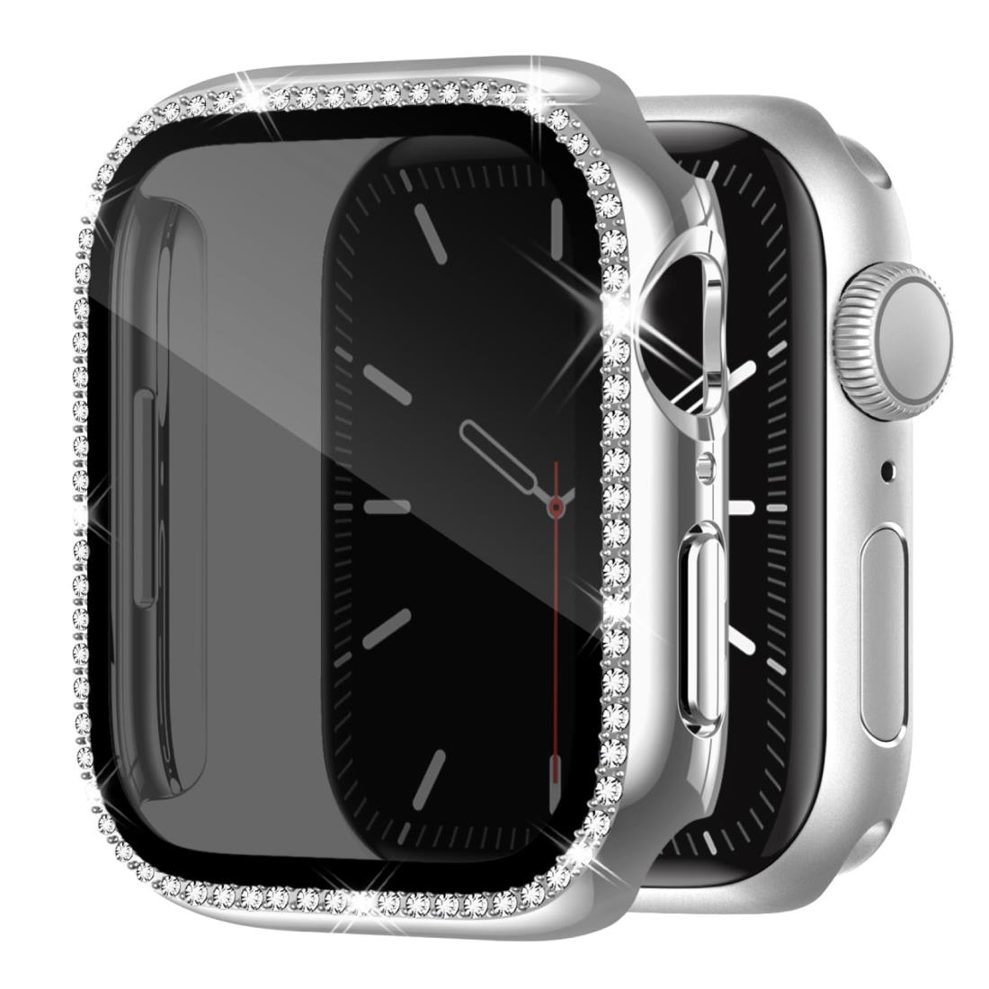 【覗き見防止】Knossen コンパチブル Apple Watch ケース 44mm キラキラ アップルウォッチ カバー 覗き見防止 Apple Watch カバー シングルダイヤモンド ガラスフィルム付き 光沢感 オシャレ レディース シルバー iWatch Series 6 5 4 SEに対応 44mm(2)